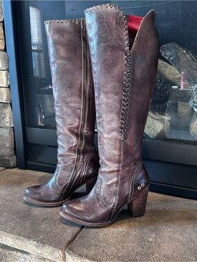 BedStu Carrion Women's Tall Brown Leather Heeled Boots - Classic Riding Style